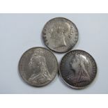 A trio of Victorian crowns comprising young head 1845 VIII with cinquefoils, 1896 LX veiled head and
