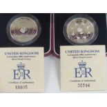 Two Royal Mint 1993 Coronation 40th anniversary silver proof coins or five pound coins, each in