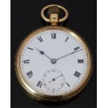 English Watch Co 18ct gold keyless winding open faced pocket watch with inset subsidiary seconds