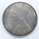 Victorian 1847 silver Gothic crown, MDCCCXLVII UNDECIMO edge, VF-EF, with scratch obverse