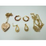 Two 9ct gold chains, two pairs of 9ct gold earrings (7g) and a 9ct gold back and front locket