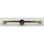 Edwardian 9ct gold brooch set with an amethyst, L4.5cm, 2g