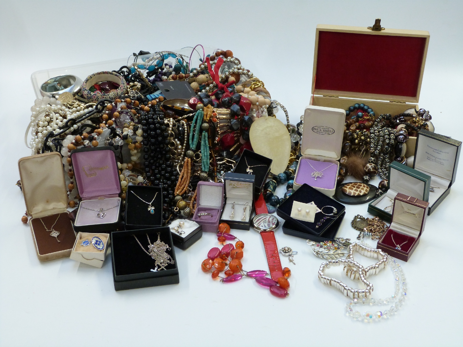 Costume jewellery including 9ct gold and silver ring, silver necklaces, enamel brooch, beads,