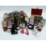Costume jewellery including 9ct gold and silver ring, silver necklaces, enamel brooch, beads,