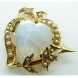 Victorian / Edwardian heart shaped brooch set with seed pearls and a large moonstone cut in a