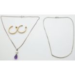 A pair of yellow metal earrings (5.3g) and two silver necklaces