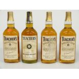 Four bottles of Teacher's Highland Cream Scotch whisky, one 26 2/3 fl oz, 70% proof, the other three