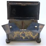 Jennens and Bettridge 19thC papier maché two division tea caddy with VR cipher to lock, H 12cm x