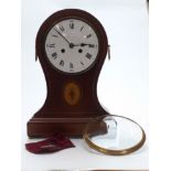 Twentieth century balloon style clock with inlaid case, Roman enamel dial, spade hands, two train
