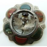 Scottish silver brooch set with agate and a thistle to the centre, by WH