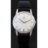 Omega gentleman's wristwatch with silver hands and baton markers, cream face and stainless steel