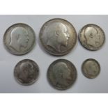 1902 Edward VII crown, GF, together with five others including half crown 1906, two florins, F,