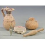 A quantity of ancient ceramics including Roman spindle flask, Roman fresco, Greek jug etc