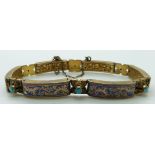 Victorian bracelet set with blue enamel depicting acorns and floral links set with turquoise