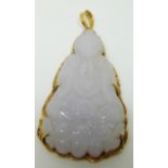 A 22ct gold pendant set with a Chinese lavender jade carved Buddha, length 5cm