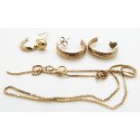 A pair of 9ct gold earrings, a 9ct gold chain and two earrings, 4.1g