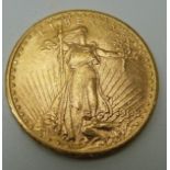 1908 USA Liberty standing, eagle reverse, twenty dollar gold coin, Denver Mint, 33.4g