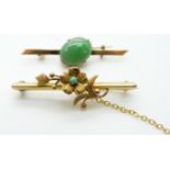 Chinese gold brooch set with a jadeite cabochon and a 9ct gold brooch set with a turquoise