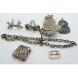 A silver ARP brooch, silver fob chain, Victorian yellow metal buckle, pair of cufflinks etc