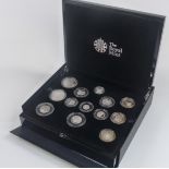 Royal Mint 2015 silver proof coin set comprising 13 coins from five pounds to one penny, including