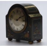 A c1920 French mantel clock with silvered guilloché enamel and oriental lacquered design to case,