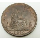 1890 Victorian later young bust bronze penny, OT TB, unc, with weak strike to lower border