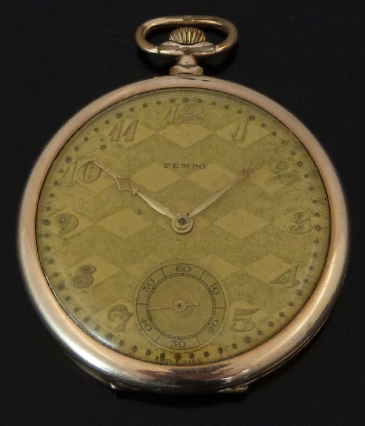 Tempo gold plated keyless winding open faced pocket watch with inset subsidiary seconds dial, - Image 2 of 3