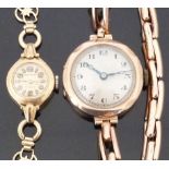 Two 9ct gold ladies wristwatches one Edwardian with blued hands, black Arabic numerals and