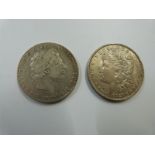 George III 1819 LX crown, F, together with a 1921 USA Morgan dollar, VF