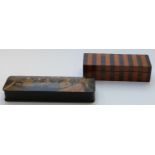 A 19th C parquetry box and a Japanese inlaid example containing a hallmarked silver fruit knife, one