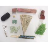 A carved bone fan, hardstone carvings, sunstone carving, cloisonné chopsticks etc