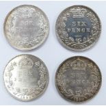 1883 young head Victorian sixpence together with an 1887 example, and two veiled head sixpences