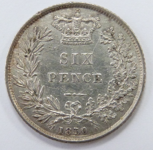 1850 young head Victorian sixpence, 5 over 3, VF