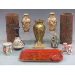 A collection of Chinese/Japanese ceramics, brass vase, bamboo brush pots etc, tallest 25cm