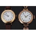 Two Edwardian gold plated ladies wristwatches both with blued hands, white enamel dials and gilt