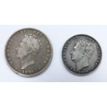 George IV 1826 shilling, together with an 1826 sixpence, F and GF