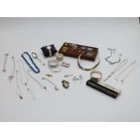 A collection of silver jewellery including rings, bracelet, earrings and necklace, a Waterman pen,