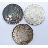 Three USA Morgan dollars, two for 1921 and a 1922 example, EF, one with toning