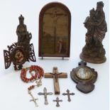 Religious icons including travelling Vienna / KPM style, grand tour plaster and small tapestry