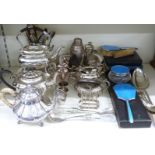 A quantity of silver plate including tea ware, Harrods cased cutlery, guilloché enamel dressing