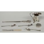 Modern hallmarked silver Georgian style jug, height 8cm, three rat tail teaspoons, silver lid,