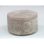 Chinese engraved circular lidded metal box on ball feet, height 9cm, diameter 15cm