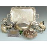 A quantity of plated ware including tea ware, tankard, twin handled tray, length L54cm, James
