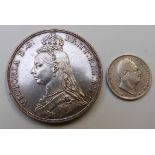 Victorian 1887 Jubilee head crown, cased, together with a William IV 1935 sixpence, VF, both