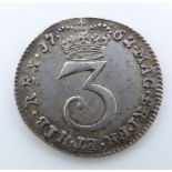 1762 George III first young head Maundy threepence, VF