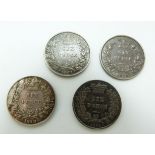 Four Victorian young head sixpences, two for 1859, one with unusual 5/3, 1860 and 1869, with die