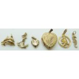 Six gold pendants including a heart locket, sea horse, anchor etc, 8.6g