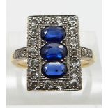 Art Deco 18ct gold ring set with three oval cut sapphires each approximately 0.45ct surrounded by