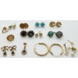 A collection of earrings including yellow metal, 9ct gold set with turquoise, 9ct gold in the form