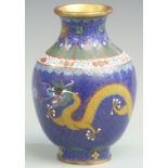 Chinese cloisonné enamel vase decorated with dragons on a blue ground, four character mark to